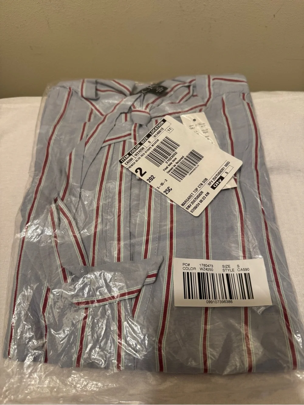 NWT J.Crew V-Neck Tie Top Striped Cotton Blend Dobby Shirt French Blue Small